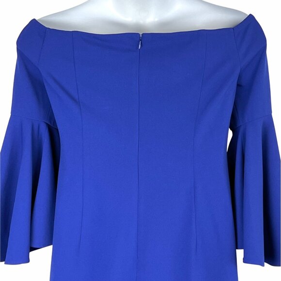 Calvin Klein Off-Shoulder Sheath Blue Dress Size 14 Ruffled 3/4 Sleeves EUC - Picture 2 of 14